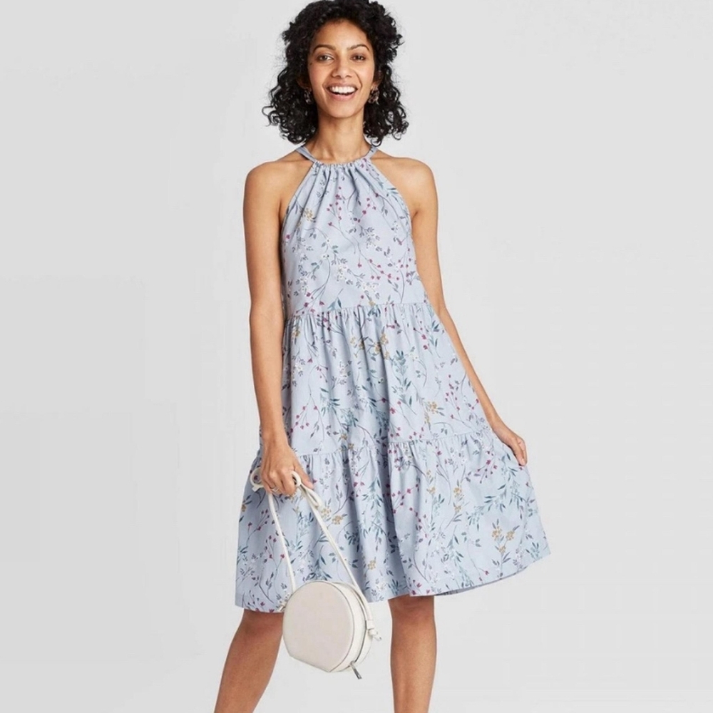 🌸 A NEW DAY Light Blue 100% Cotton Floral Tiered Halter Midi Dress Size S EUC